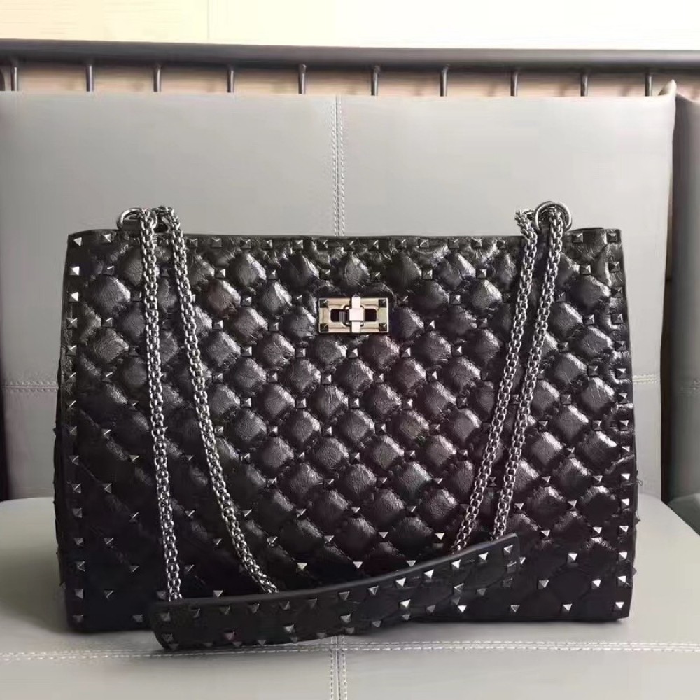 Valentino All Black Rockstud Spike Tote Bag