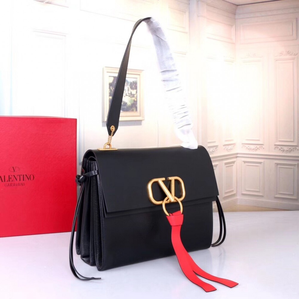 Valentino Garavani Black Medium VRing Shoulder Bag