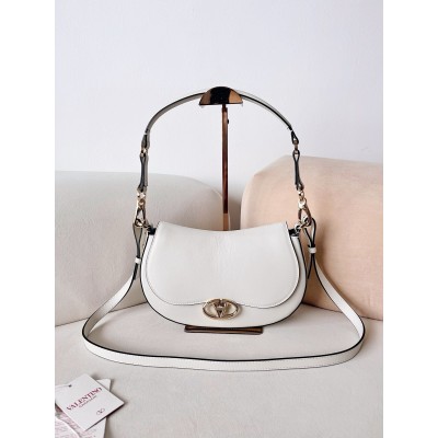 Valentino Garavani Ohval Small Shoulder Bag in White Calfskin