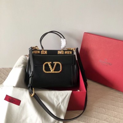 Valentino Medium Rockstud Alcove Top Handle Bag In Black Calfskin