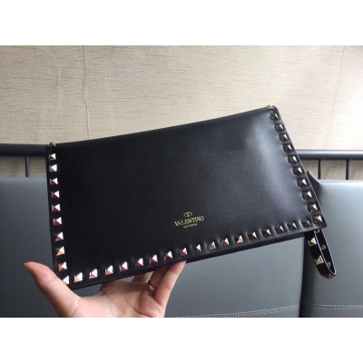 Valentino Medium Rockstud Clutch In Black Calfskin