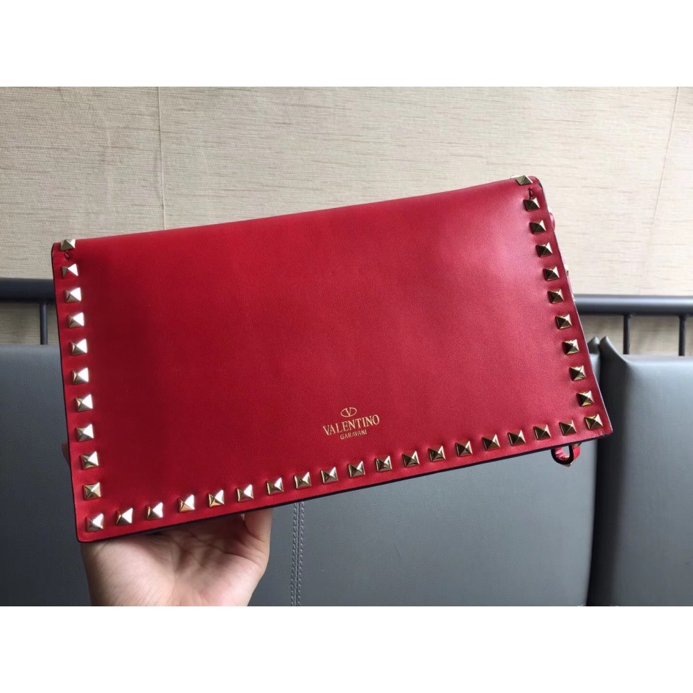 Valentino Medium Rockstud Clutch In Red Calfskin