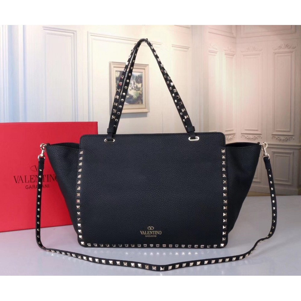 Valentino Medium Rockstud Tote In Black Grain Calfskin