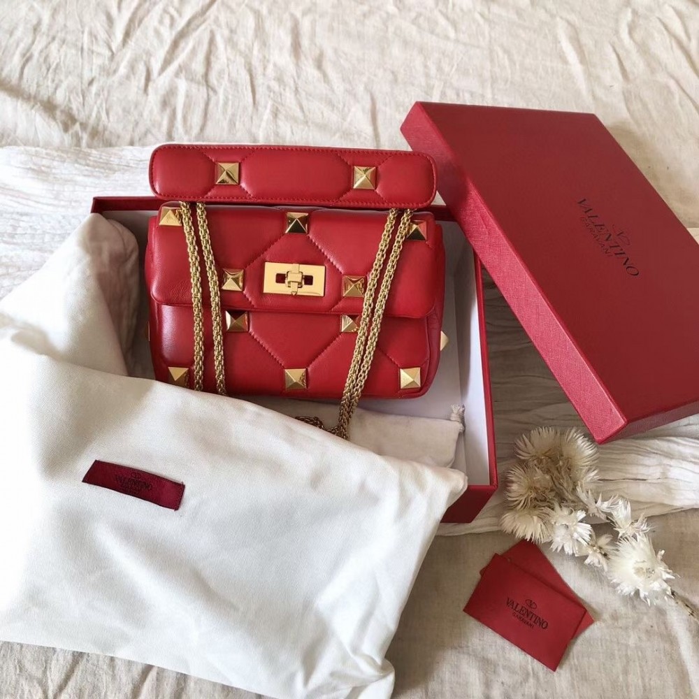 Valentino Medium Roman Stud Chain Bag In Red Nappa