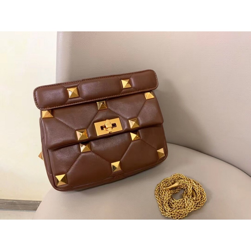 Valentino Medium Roman Stud Chain Bag In Teak Brown Nappa