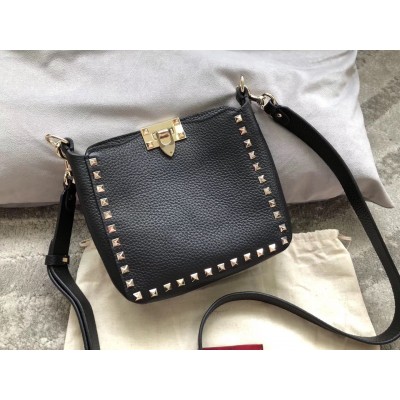 Valentino Mini Rockstud Hobo Bag In Black Grained Leather