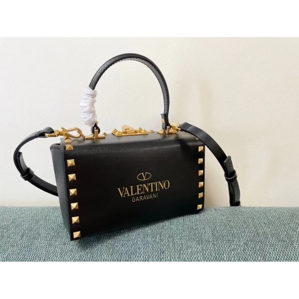 Valentino Rockstud Alcove Box Bag In Black Calfskin