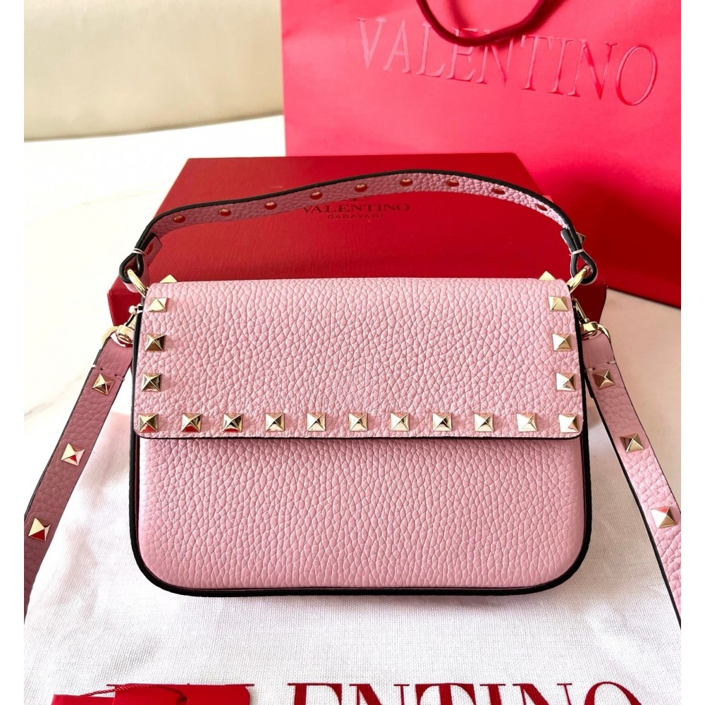 Valentino Rockstud Pouch Bag in Pink Grained Leather