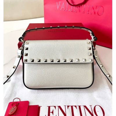 Valentino Rockstud Pouch Bag in White Grained Leather