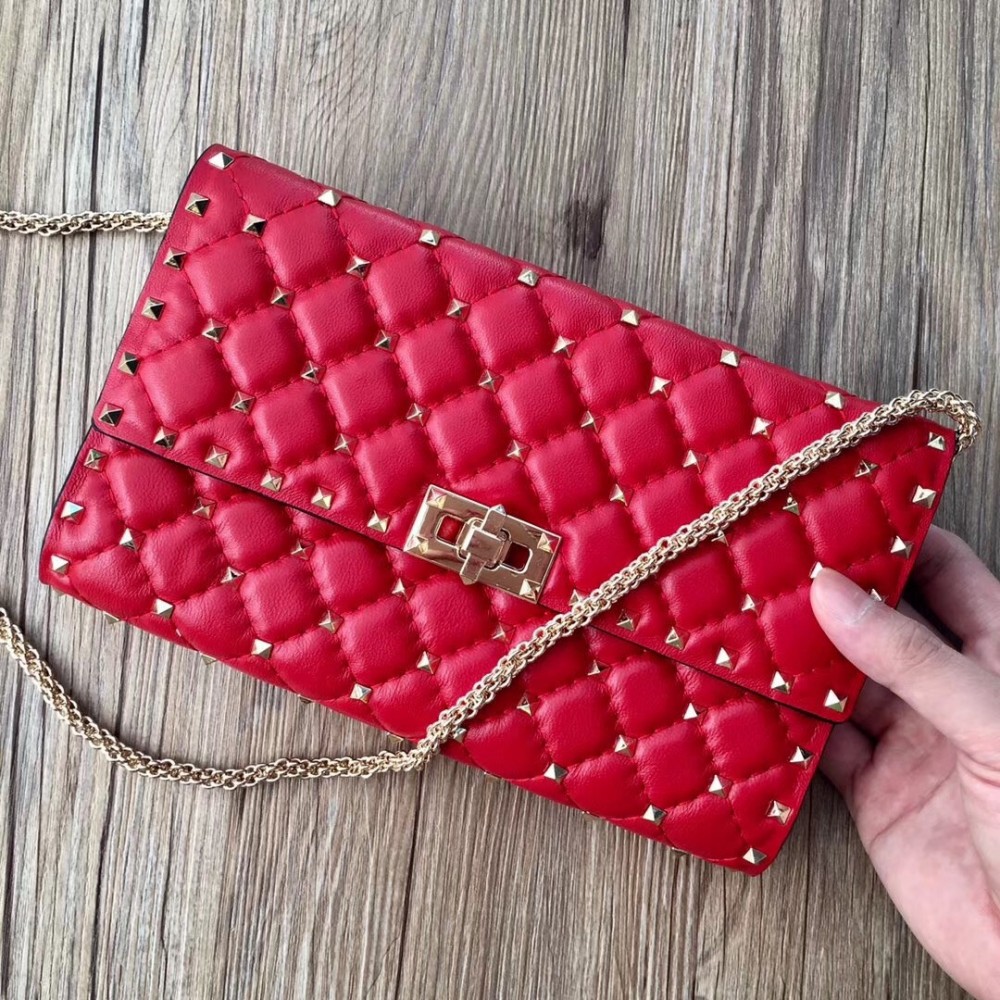 Valentino Rockstud Spike Crossbody Clutch In Red Lambskin