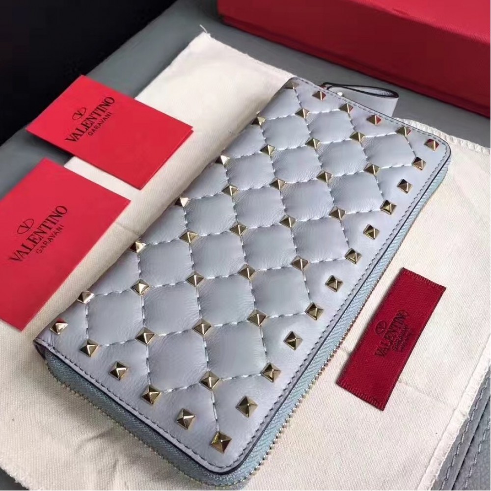 Valentino Rockstud Spike Zip Wallet In Sky Blue Lambskin