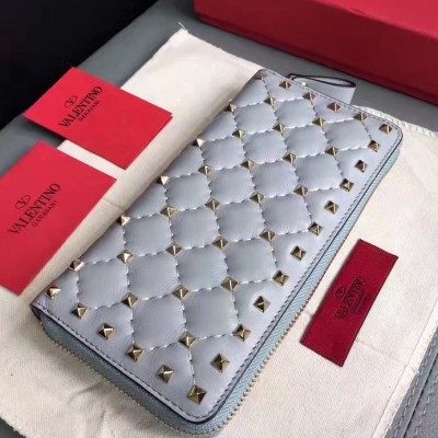 Valentino Rockstud Spike Zip Wallet In Sky Blue Lambskin