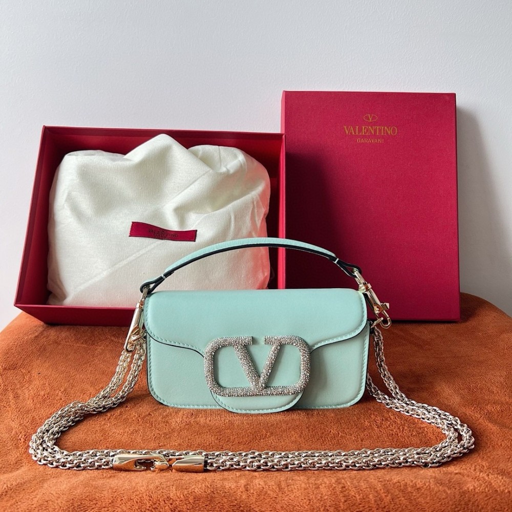 Valentino Small Loco Shoulder Light Green Bag with Crystals Logo