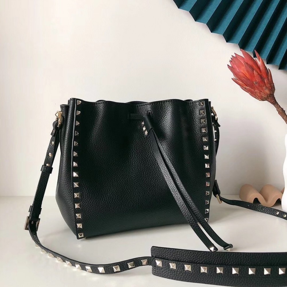 Valentino Small Rockstud Bucket Bag In Black Grained Calfskin