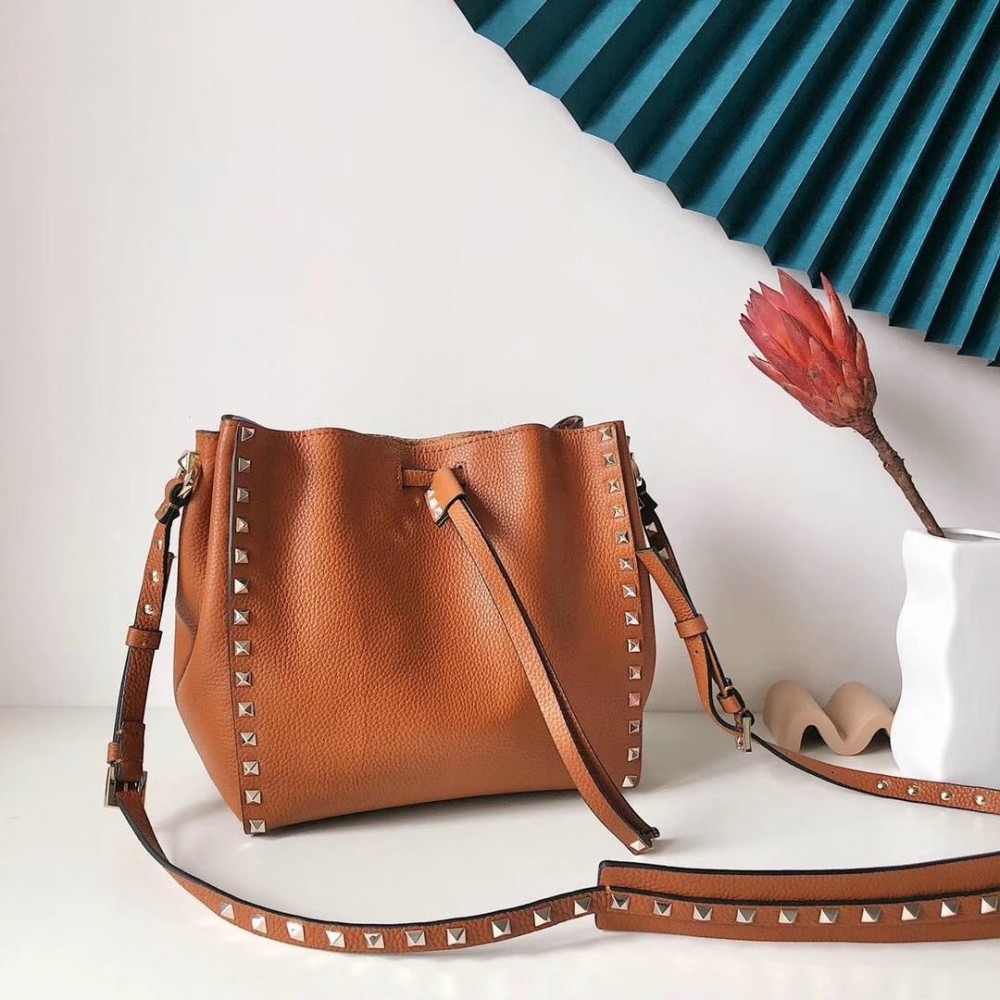 Valentino Small Rockstud Bucket Bag In Brown Grained Calfskin