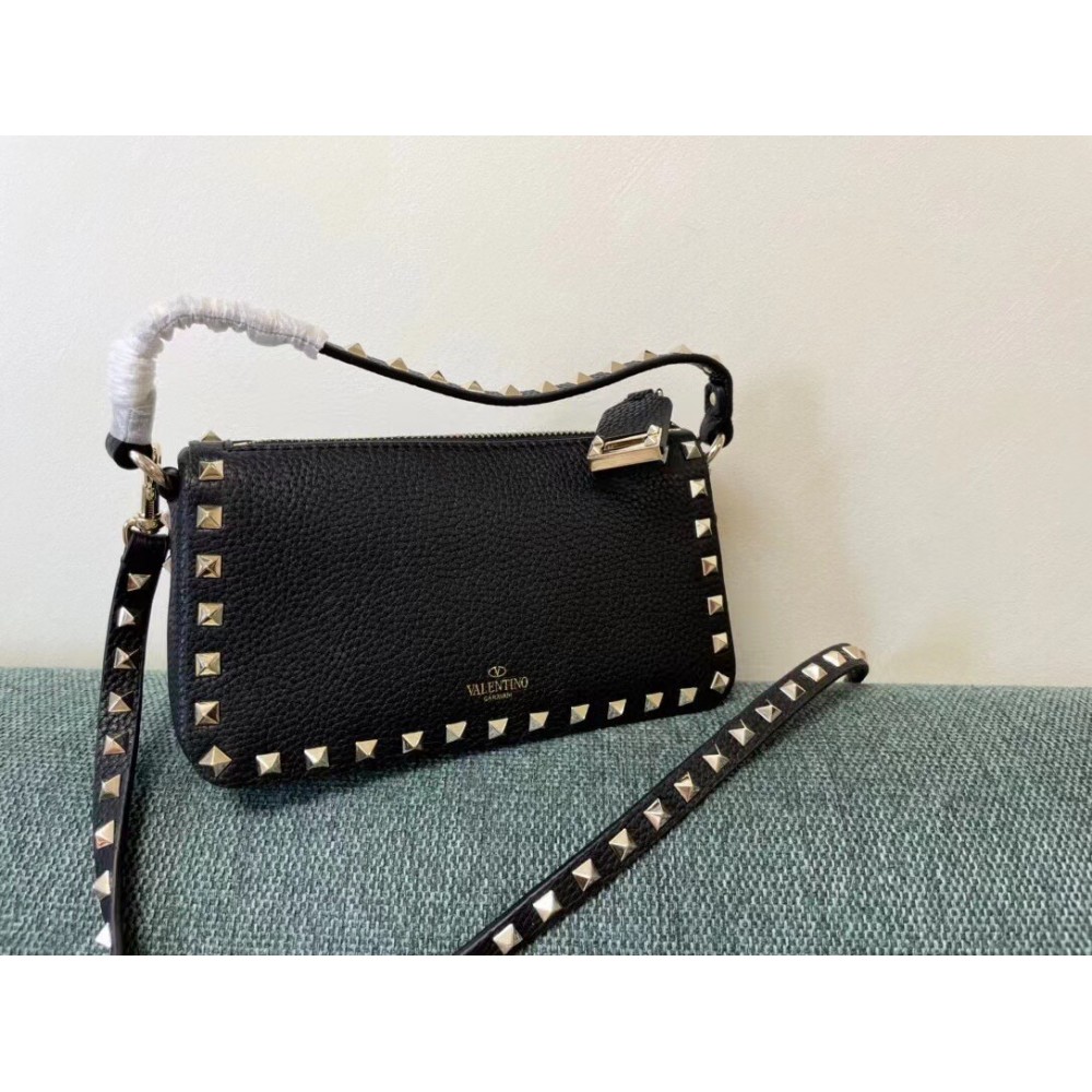 Valentino Small Rockstud Crossbody Bag In Black Grainy Calfskin