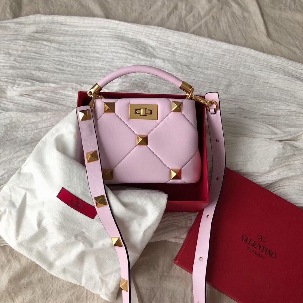 Valentino Small Roman Stud Top Handle Bag In Pink Nappa