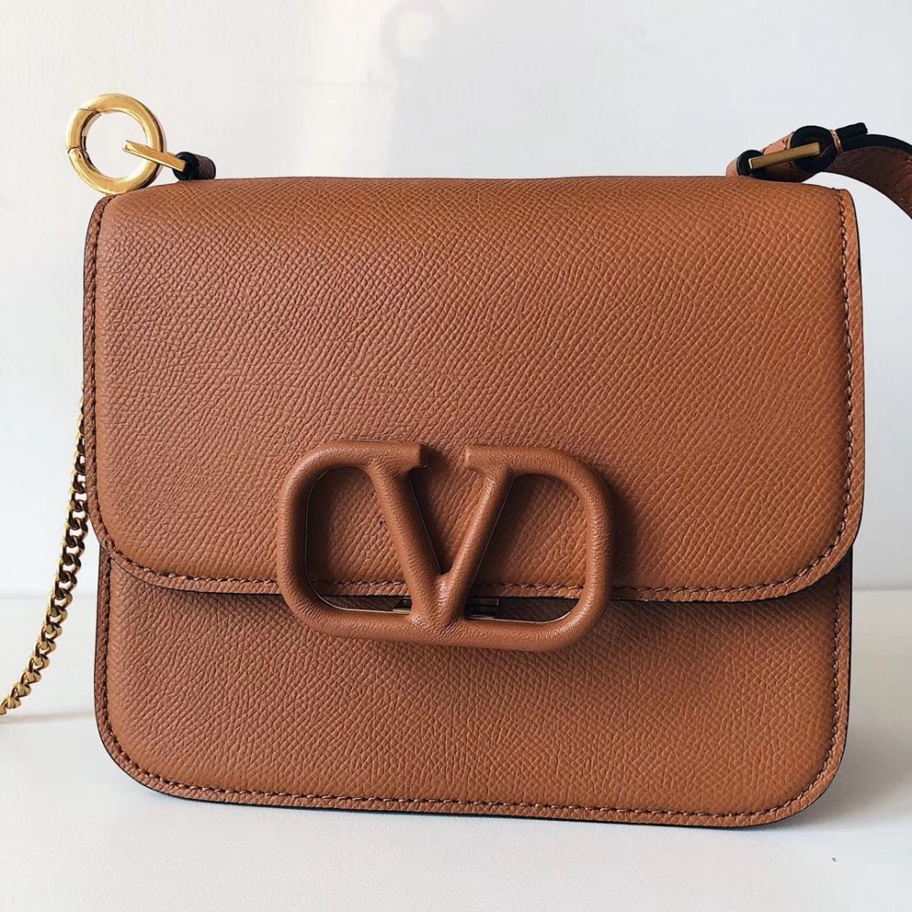 Valentino Small Vsling Shoulder Bag In Brown Grainy Leather