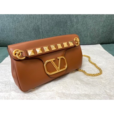 Valentino Stud Sign Shoulder Bag In Brown Nappa Leather