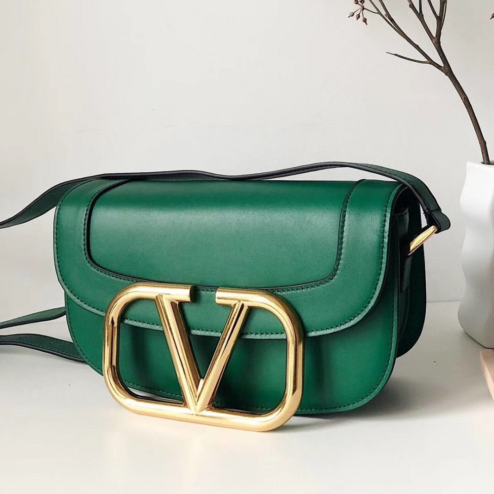 Valentino Supervee Crossbody Bag In Green Leather