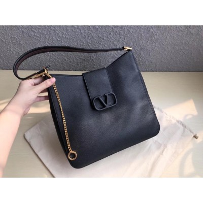 Valentino Vsling Hobo Bag In Black Grainy Calfskin