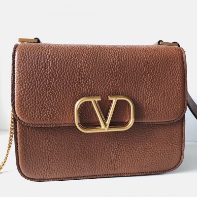 Valentino Vsling Large Shoulder Bag In Brown Grained Calfskin